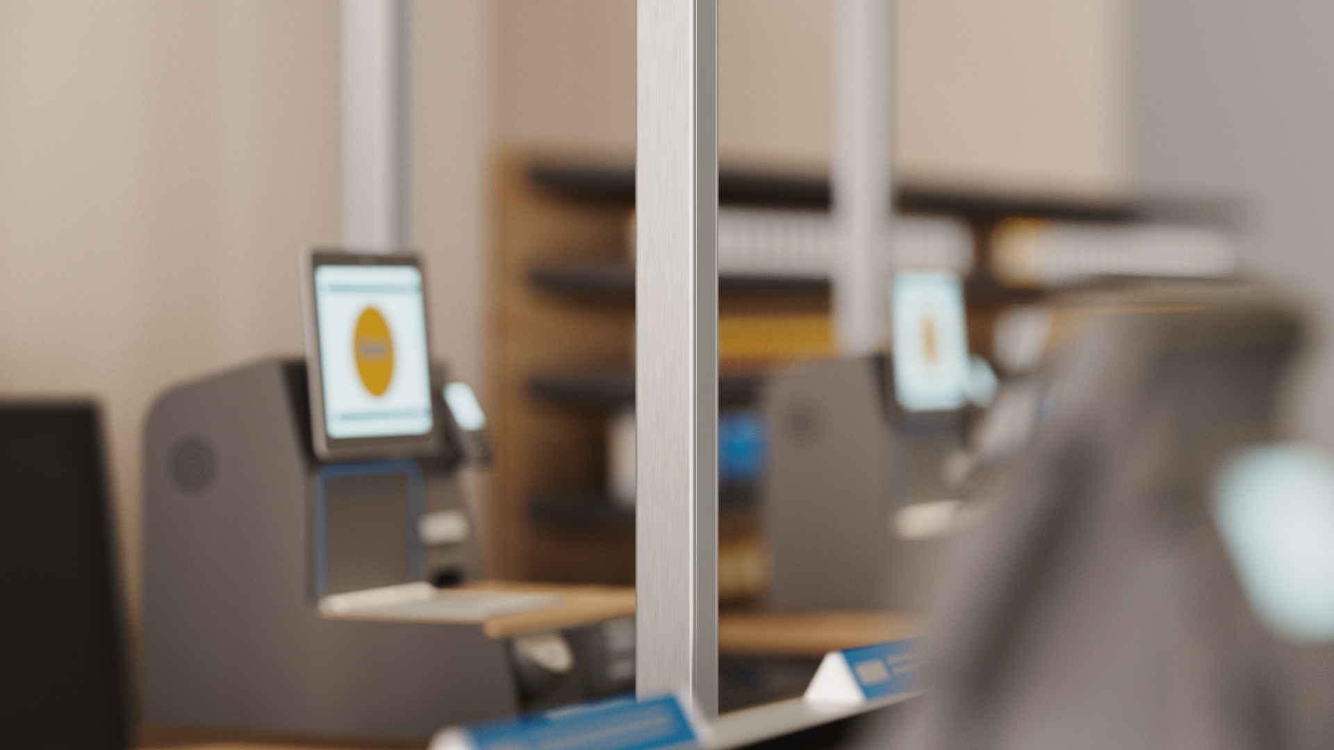 Anwendungsbeispiel: Aluminium-Brüstungskanal sorgt für saubere, optisch integrierte Leitungsführung im Kassenbereich.